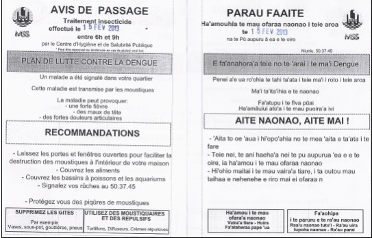 Lutte contre la dengue - traitement insecticide à Tipaerui ce vendredi 15 février Lutte contre la dengue - traitement insecticide à Tipaerui ce vendredi 15 février