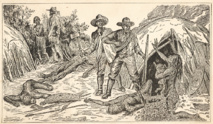 Cette gravure illustre ce que les colons britanniques appelaient une “dispersion” des Aborigènes. Ceux qui n’étaient pas tués étaient chassés dans l’Outback ou envoyés sur des îlots au large.