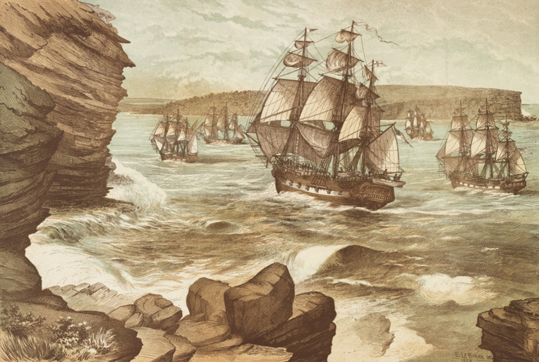 La First Fleet arrivant à Botany Bay en 1788 ; quelques jours plus tard, King partait coloniser Norfolk à bord de la HMS Sirius.