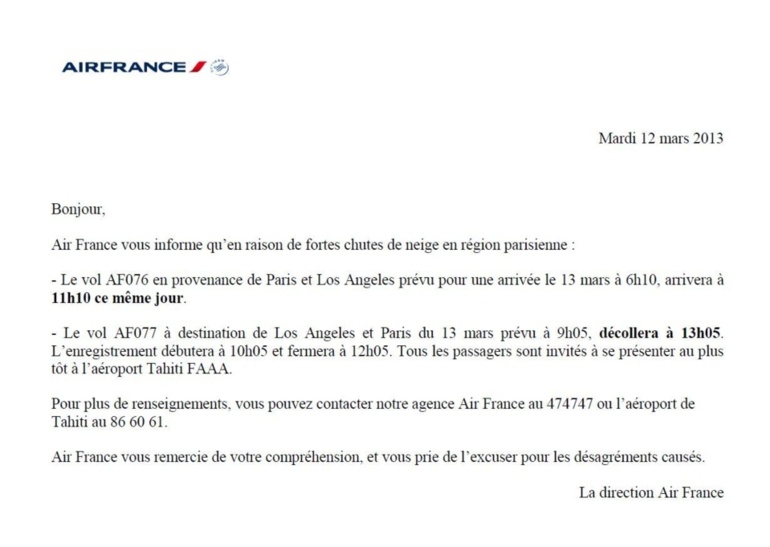 Air France: modifications des horaires des vols  du mercredi 13 mars 2013 :
