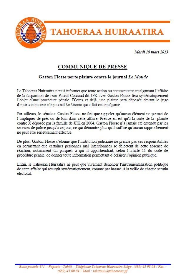 Gaston Flosse porte plainte contre le journal Le Monde