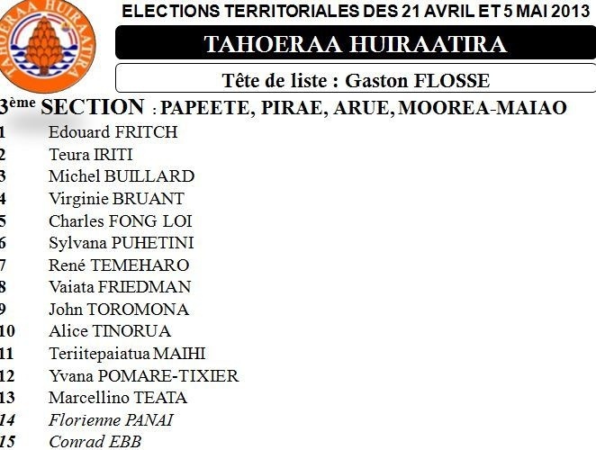 La liste du Tahoeraa Huiraatira aux Territoriales 2013