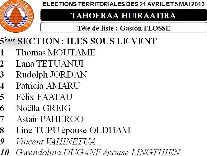 La liste du Tahoeraa Huiraatira aux Territoriales 2013