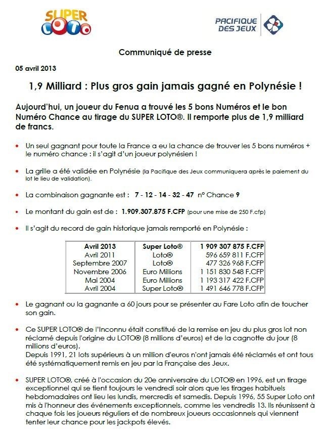 Un Polynésien remporte la cagnotte du "Super Loto de l'inconnu"