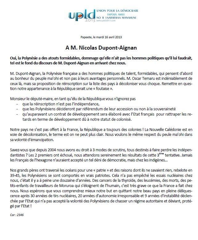 Communiqué de l'UPLD: Réponse à Dupont-Aignan