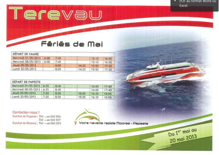 Desserte TAHITI-MOOREA : les horaires des jours fériés du TEREVAU à télécharger Desserte TAHITI-MOOREA : les horaires des jours fériés du TEREVAU à télécharger