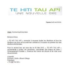 Communiqué de Te Hiti Tau Api ( QBO): "second tour"