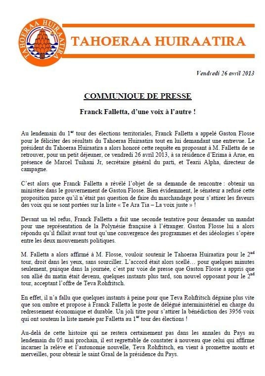 Communiqué du Tahoeraa: "Franck Falletta, d’une voix à l’autre ! "