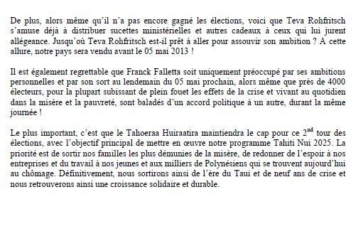 Communiqué du Tahoeraa: "Franck Falletta, d’une voix à l’autre ! "