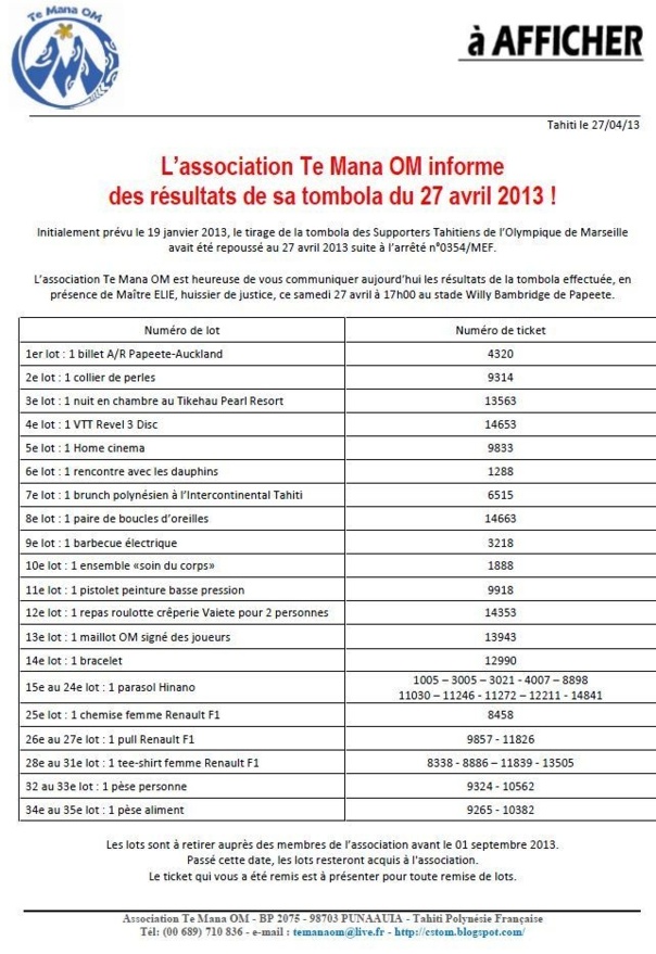 Résultats de la tombola des Supporters tahitiens de l'Olympique de Marseille Résultats de la tombola des Supporters tahitiens de l'Olympique de Marseille