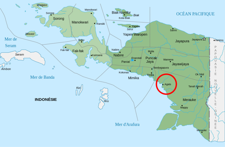 Une carte de l’Irian Jaya, partie indonésienne de la vaste Nouvelle-Guinée. Sur la côte sud, la petite ville d’Agats est le centre de la communauté Asmat.