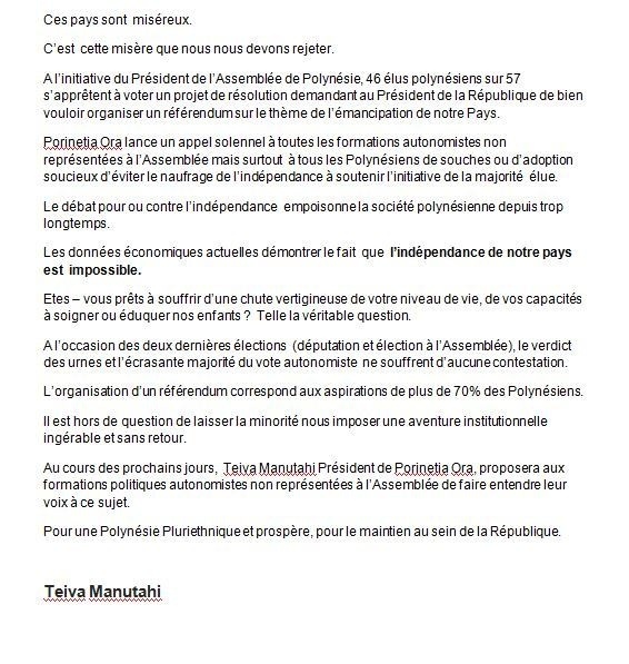 Communiqué de Porinetia Ora: "Appel au reférendum"