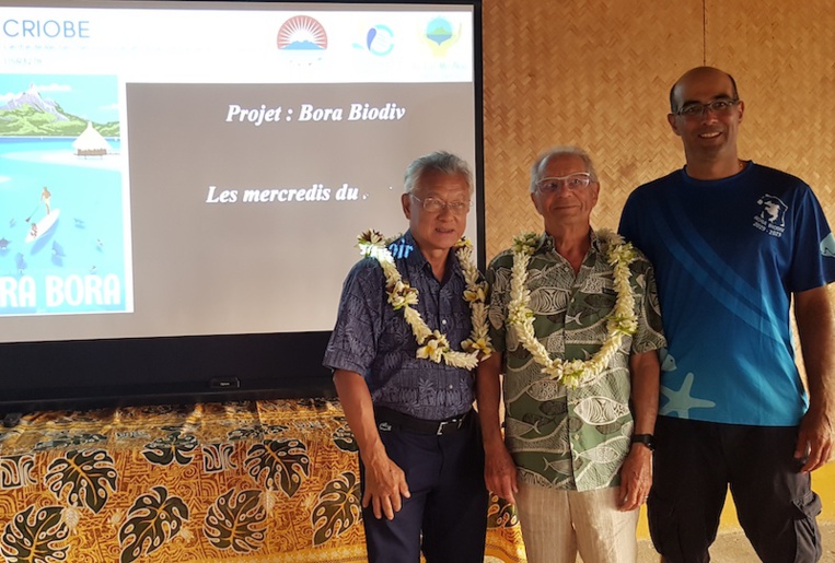 Le maire de Bora Bora Gaston Tong Sang, le professeur Bernard Salavat, et le directeur adjoint du Criobe David Lecchini. Le maire de Bora Bora Gaston Tong Sang, le professeur Bernard Salavat, et le directeur adjoint du Criobe David Lecchini.