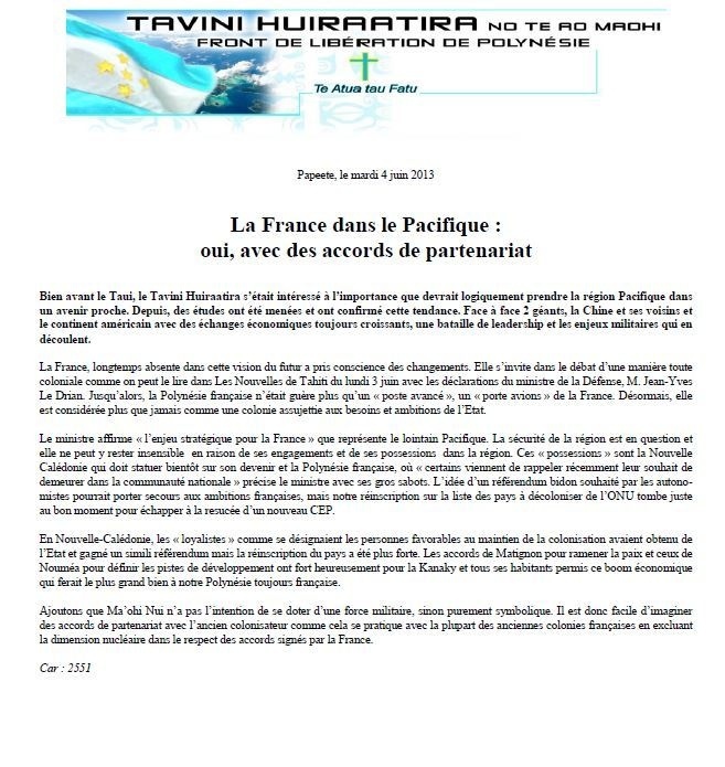 Communiqué du Tavini: "La France dans le Pacifique : oui, avec des accords de partenariat"