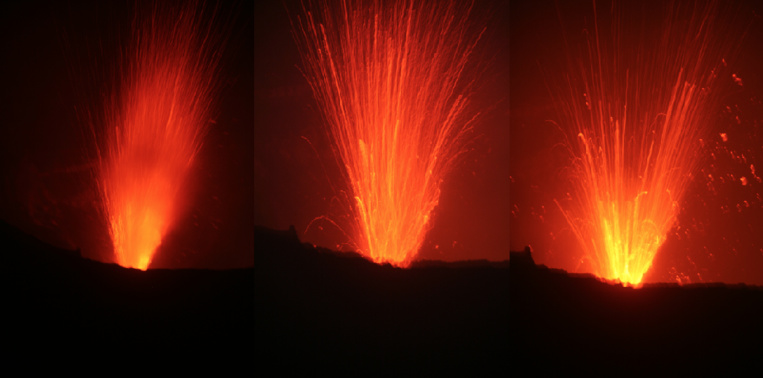 A la nuit tombée, la cheminée centrale du volcan laisse toute sa colère se manifester. Un impératif, surveiller où tombent les bombes volcaniques incandescentes.