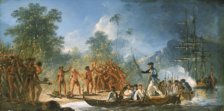 Cette peinture de William Hodges représente le capitaine Cook et ses hommes abordant sur les côtes de l’île de Tanna. L’accueil ne fut pas hostile, mais les Britanniques ne purent jamais monter sur le volcan qui était alors sacré et tabu.