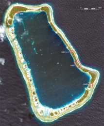 L’atoll de Temoe et les zones étudiées en 2010 et 2013.