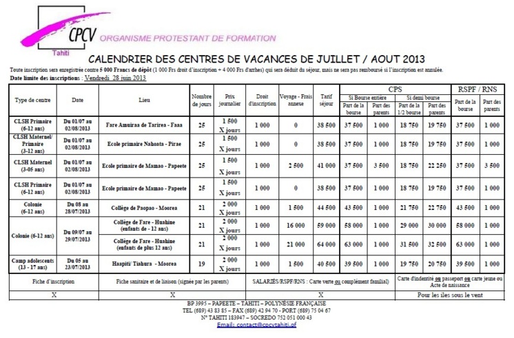 Calendrier des centre de vacances pour juillet 2013