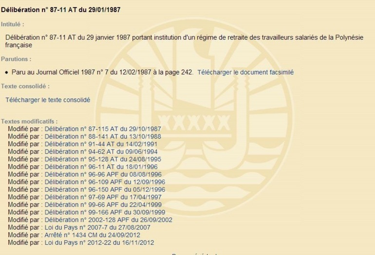 Depuis 1987 les différentes modifications des textes en vigueur sur le régime des retraites en Polynésie. Depuis 1987 les différentes modifications des textes en vigueur sur le régime des retraites en Polynésie.