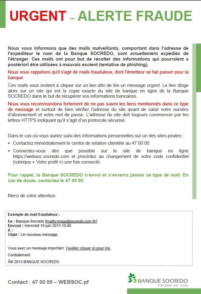 Phishing: La banque Socredo lance une alerte à la fraude