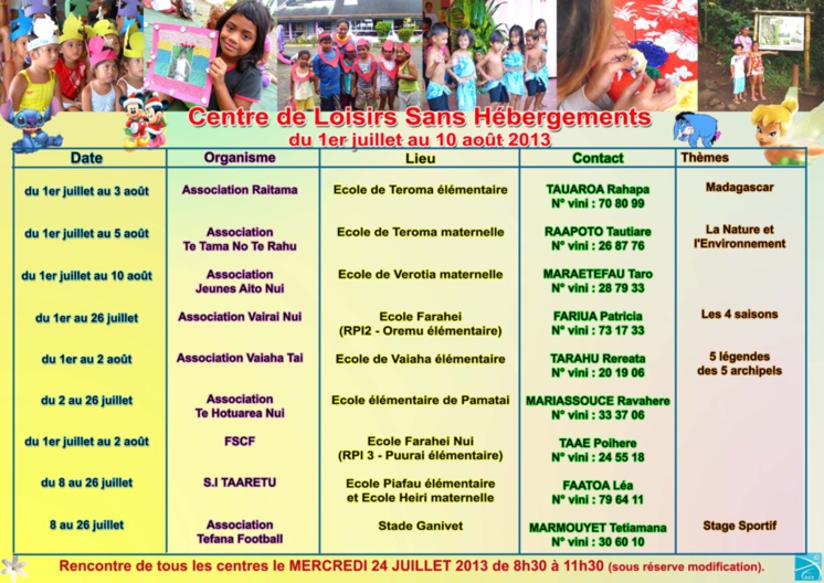 Calendrier des centre de loisirs sans hébergements dans la commune de Faa'a Calendrier des centre de loisirs sans hébergements dans la commune de Faa'a