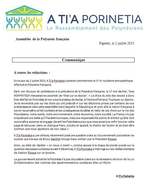 Communiqué du groupe A Ti'a Porinetia relatif à la commémoration du 02 juillet 1966
