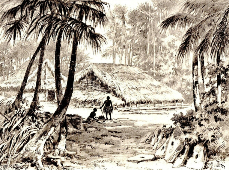 C’est dans ce type de village que les habitants de Sapwuahfik vivaient tranquillement lors de l’arrivée du capitaine Hart. C’est dans ce type de village que les habitants de Sapwuahfik vivaient tranquillement lors de l’arrivée du capitaine Hart.