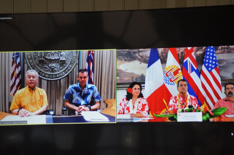 Le gouverneur de Hawaii, David Ige et le p-dg de Hawaiian Airlines, Peter Ingram, en visioconférence avec le président Fritch. Le gouverneur de Hawaii, David Ige et le p-dg de Hawaiian Airlines, Peter Ingram, en visioconférence avec le président Fritch.