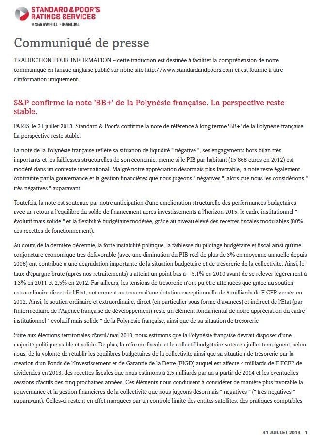 Standard &Poor's confirme la note "BB+" de la Polynésie Française, la perspective reste stable.