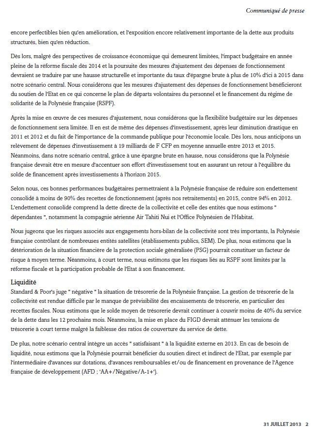 Standard &Poor's confirme la note "BB+" de la Polynésie Française, la perspective reste stable.