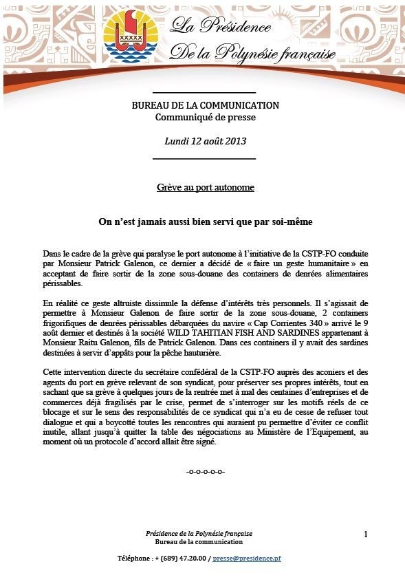 Grève au port autonome: la Présidence fustige les agissements de Galenon
