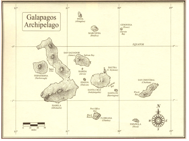 Une ancienne carte des Galápagos. Floreana se situe dans l’extrême sud de l’archipel.