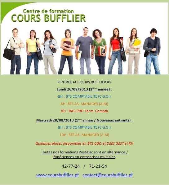 Rentrée au Cours Bufflier le 26 et 28 Août Rentrée au Cours Bufflier le 26 et 28 Août