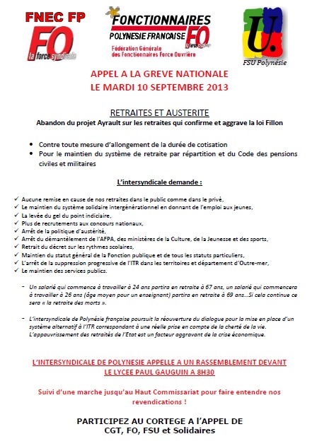 L'Intersyndicale de Polynésie: appel à la grève nationale le mardi 10 spetembre L'Intersyndicale de Polynésie: appel à la grève nationale le mardi 10 spetembre