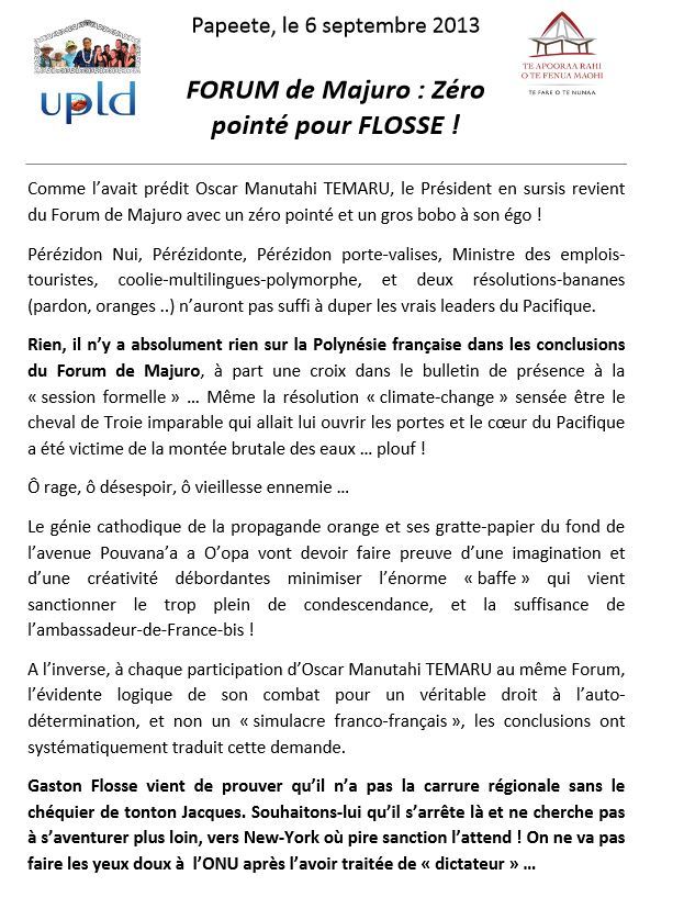 Communiqué de l'UPLD: "FORUM de Majuro : Zéro pointé pour FLOSSE"