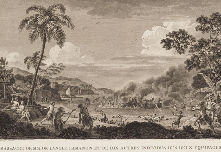 Cette autre gravure met en scène la mort des membres d’équipage de l’expédition La Pérouse. Le botaniste Robert de Lamanon fit partie des victimes. Cette autre gravure met en scène la mort des membres d’équipage de l’expédition La Pérouse. Le botaniste Robert de Lamanon fit partie des victimes.