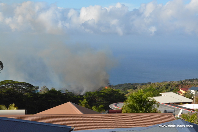 A 16h30, les flammes sont bien visibles sur la crète depuis le hameau de Mahinarama