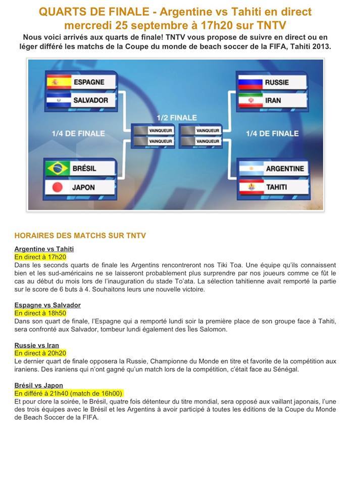 Beach Soccer : les horaires des matchs de 1/4 de finale ce soir sur TNTV