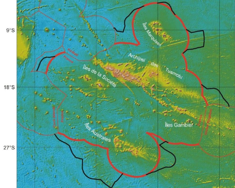 Les limites extérieures indicatives du plateau continental étendu au large de la Polynésie française (en noir). Il pourrait s'agir de l'accroissement, sur les fonds océaniques, de 17% de la ZEE polynésienne