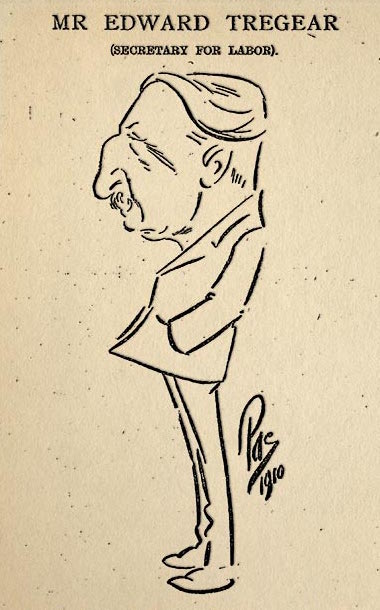 Compte tenu de ses prises de position très à gauche lorsqu’il était au ministère du Travail, Tregear a évidemment fait l’objet de nombreuses caricatures dans la presse de l’époque.