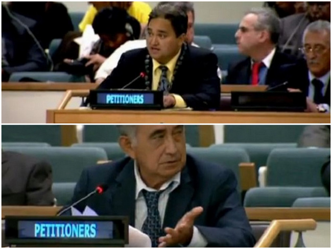 Oscar Temaru et Richard Tuheiava lors de leur audition devant la Quatrième commission de l'ONU ce mardi 8 octobre 2013.