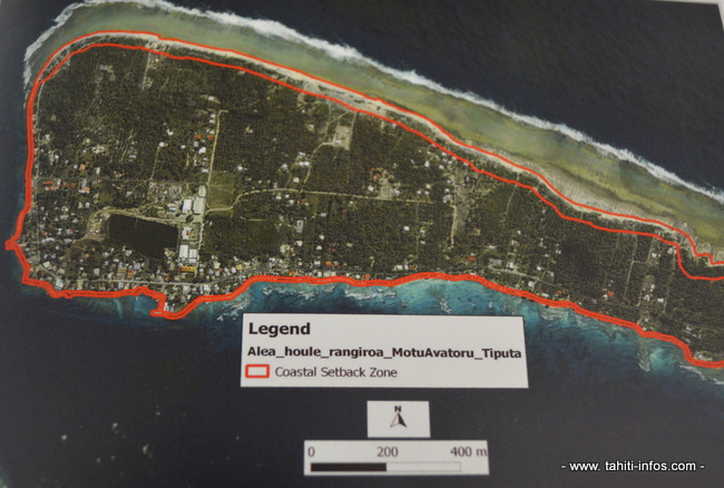 En rouge, la zone de retrait de Rangiroa.