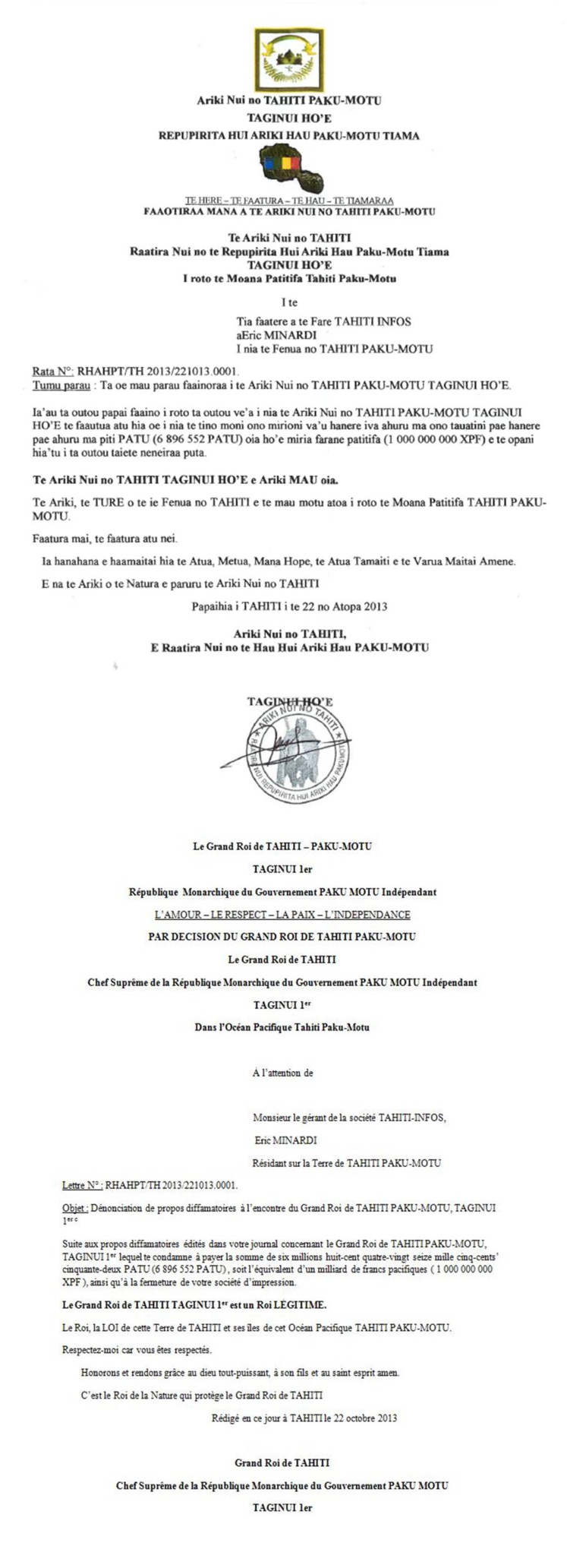 Tahiti Paku-Motu "condamne" Tahiti Infos... Tahiti Paku-Motu "condamne" Tahiti Infos...