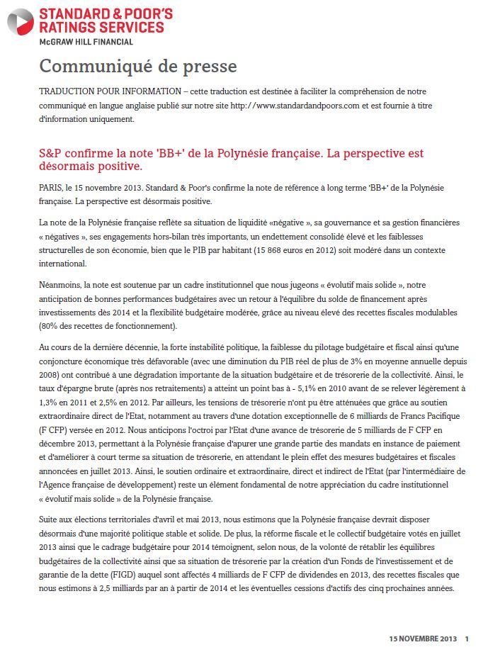 Standard & Poor's confirme la note 'BB+' de la Polynésie française avec une perspective  désormais positive.