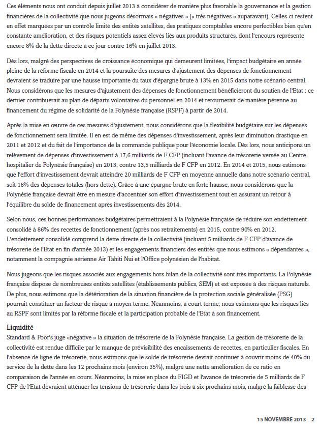 Standard & Poor's confirme la note 'BB+' de la Polynésie française avec une perspective  désormais positive.