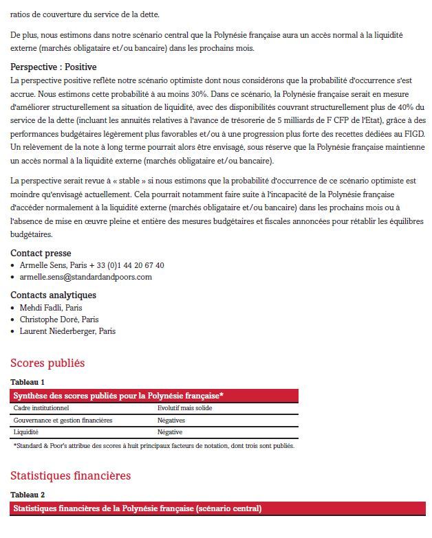 Standard & Poor's confirme la note 'BB+' de la Polynésie française avec une perspective  désormais positive.