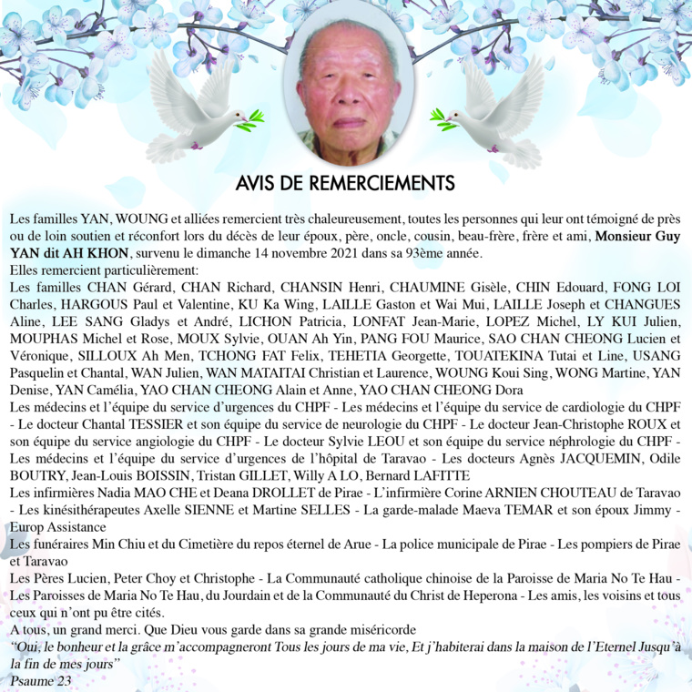 Avis de remerciements de la famille YAN & WOUNG pour le défunt Guy YAN dit AH KHON Avis de remerciements de la famille YAN & WOUNG pour le défunt Guy YAN dit AH KHON