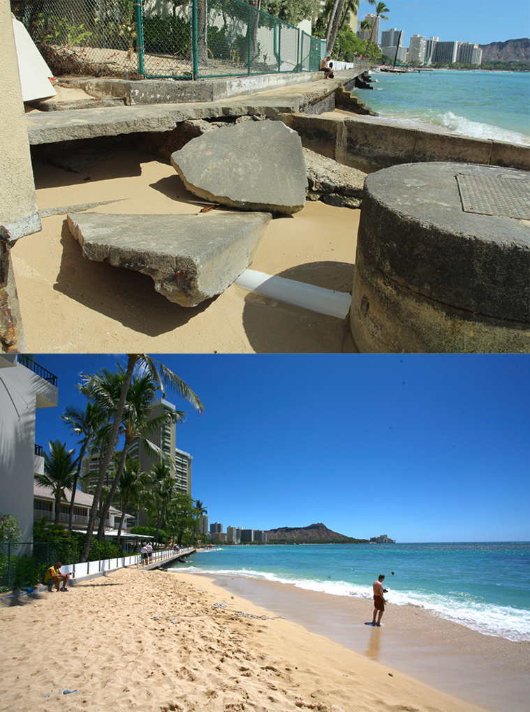 Personnes âgées, à mobilité réduite, jeunes enfants, femmes enceintes : ici on ne passe pas sinon à ses risques et périls. La plage la plus réputée du Pacifique ressemble à un chantier de démolition. On remarquera qu’une partie du chemin qui prolonge les blocs de béton n’a même pas de glissière de sécurité pour les marcheurs... Il y a dix ans, en septembre 2011, la plage ayant aujourd’hui disparue était alors tout à fait fréquentable. Les touristes pouvaient y bronzer, les passants la traverser sans faire d’escalade... Personnes âgées, à mobilité réduite, jeunes enfants, femmes enceintes : ici on ne passe pas sinon à ses risques et périls. La plage la plus réputée du Pacifique ressemble à un chantier de démolition. On remarquera qu’une partie du chemin qui prolonge les blocs de béton n’a même pas de glissière de sécurité pour les marcheurs... Il y a dix ans, en septembre 2011, la plage ayant aujourd’hui disparue était alors tout à fait fréquentable. Les touristes pouvaient y bronzer, les passants la traverser sans faire d’escalade...