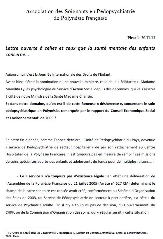 Droits de l'enfant: Lettre ouverte de l'Association des Soignants en Pédopsychiatrie de Polynésie Française