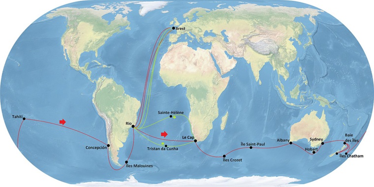 En rouge, le tour du monde de la corvette l’Héroïne. En vert la première expédition de Cécille dans l’Atlantique, toujours pour venir en aide aux baleiniers français.